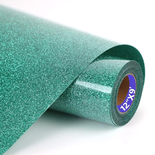 Image of HTVVETUR Glitter HTV Vinyl Rolls Heat Transfer Vinyl - 12 inch x 9ft Glitter Green HTV Vinyl for Shirts, Iron on Vinyl for Cameo - Easy to Cut & Weed for Heat Vinyl Design (J101 Glitter Green-9ft)