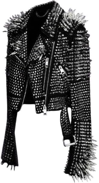 Women's Brando Full Long Spiked Punk Rock Studded Genuine Leather Jacket - Rockstar Music Festival Moto Biker Jacket