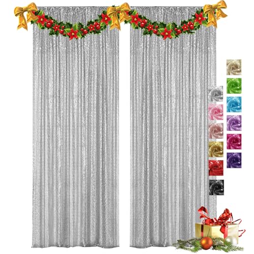VOK Silver Sequin Backdrop Curtains 2 Panels 2FTx8FT Glitter Photography Background for Wedding Birthday Christmas Party Decorations
