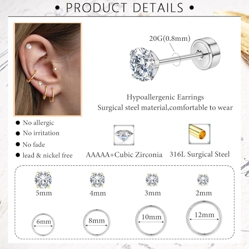 14K Gold Stud Hoop Earrings Stack Set for Women Men:Hypoallergenic Surgical Steel Seamless Earrings,Dainty Small Flat Back earrings for Cartilage Helix Tragus Multiple Piercing Jewelry2