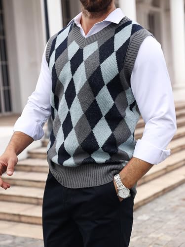 SOLY HUX Men's Plaid Sweater Vests Sleeveless V Neck Argyle Sweater Autumn Winter Warm Knitwear Tank Tops4