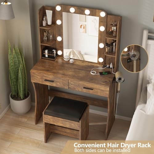 Image of Vabches Vanity Desk with Lights,Makeup Vanity with Power Strip,Dressing Table Set with 2 Large Drawers,Vanity Mirror 3 Lighting Color Adjustable,Rustic Brown