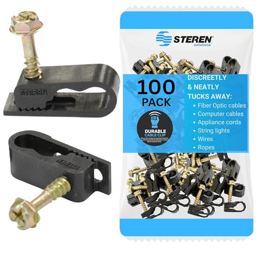 STEREN Coaxial Cable Clips - Cable Holder - Siding Clips for Hanging - Cord Holder for Desk - Cable Clamps - Cord Clip - Wire Organizer Clips - Tv Mount Screws (Black 100 Count - Dual Screw)
