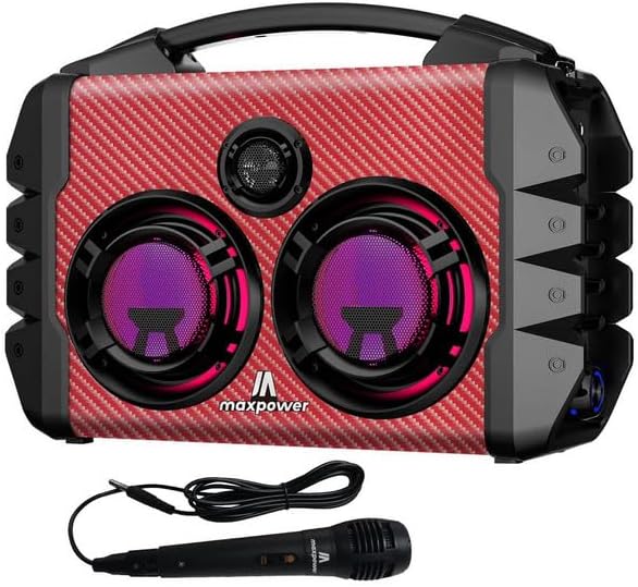 Max Power MPD578-PARTY Box Portable Bluetooth Speaker with Multi LED Lights, Karaoke Mic, FM Radio, Red