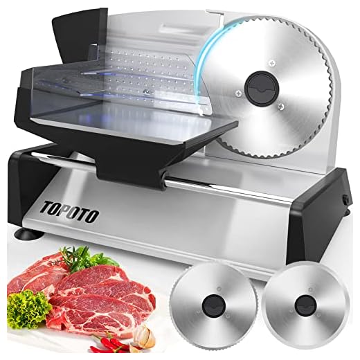 Cortafiambres Eléctrico TOPOTO 180W Maquina de Cortar Fiambre 2 19CM Cuchillas, Espesor Ajustable Cortadora de Pan de Carne/Doméstica/Queso/Frutas/Verduras, Sistema Extrafino de Corte
