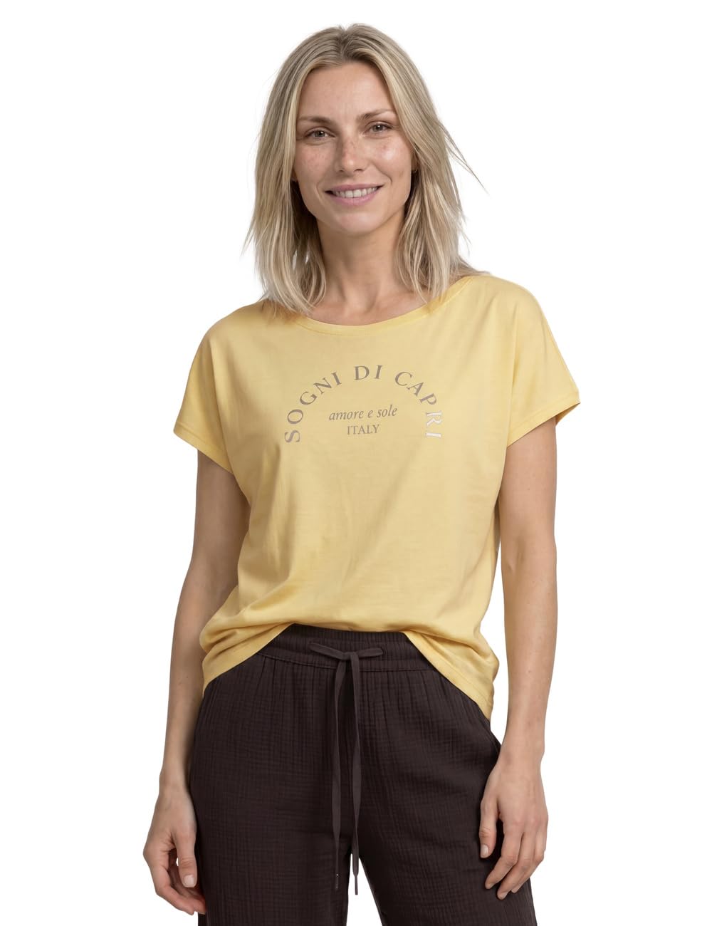 Street One Dropped Shoulder Shirt with Crew Neck, Soft Yellow, 40