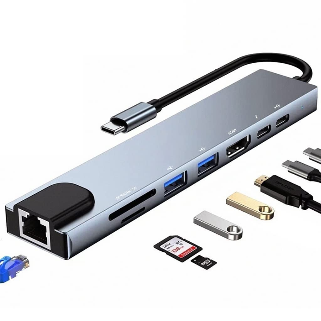 C Hub, 8 in 1 Portable Space Aluminum Type C Hub Multiport Adapter with 4K HDMI SD/TF Card Reader and RJ45 Ethernet,USB 3.0/2.0 Ports,100W Power Delivery,for MacKBook Pro,Pixelbook-image-37