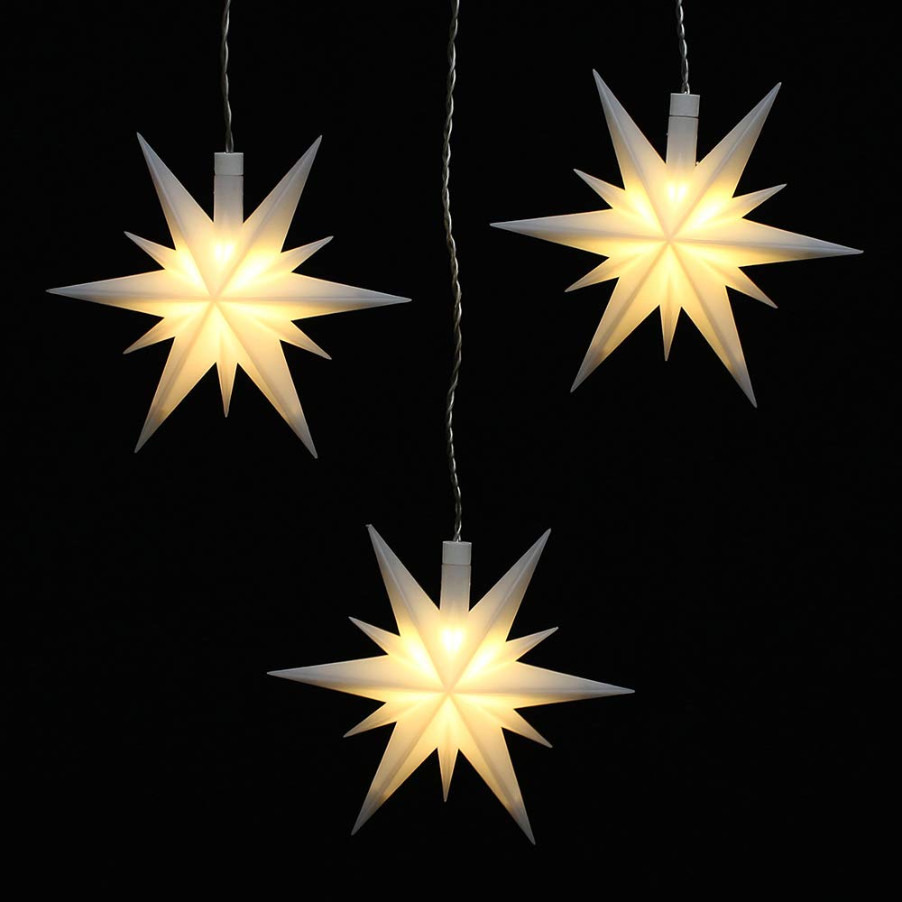 ***3er Set Weihnachtssterne aus Kunststoff in weiß, inkl. LED Beleuchtung und Adapter, für Innen und Außen geeignet. Maße je Stern L/B/H: 13,5 x 5,5 x 12 cm.