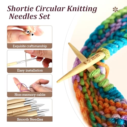 Image of Yarniss 10 Size Shortie Circular Knitting Needles Set with Case 3.25~6.5mm,2 & 3.15 Inch Bamboo Interchange Knitting Needles with 4Pcs Flexible Cables