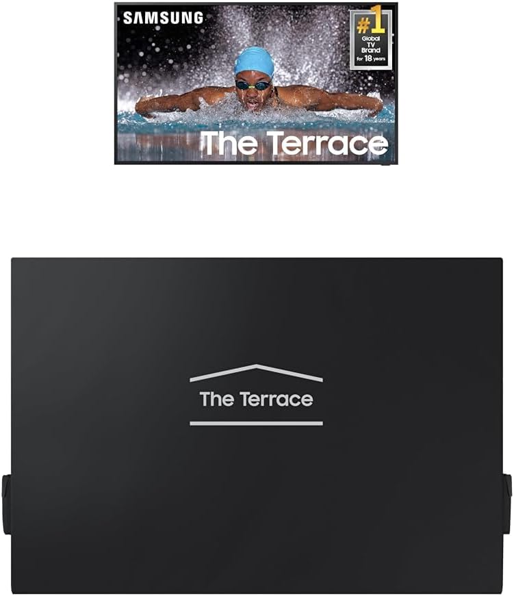 Samsung The Terrace TV stands in a backyard setting.