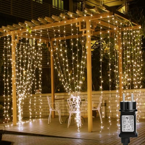 LE Rideau Lumineux Sapin Noel, 3 x 3 Mètres 306 LEDs Guirlande Lumineuse avec Secteur, Blanc Chaud 8 Modes Dimmable pour Mariage, Noël, Chambre, Salon, Fenêtre, Jardin, Terrasse, Pergola, Halloween