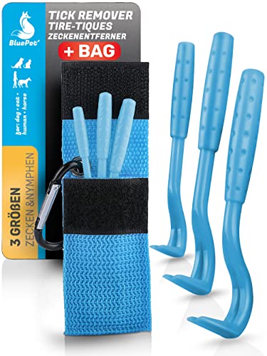 BluePet 3X Tire Tique pour Chiens, Chats et Humains, avec Pochette de Rangement, Crochet à tiques pour enlever Les tiques sans Douleur I Retireur de tiques I...