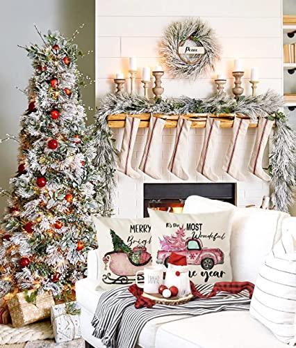 Pink Christmas Strips Pillow Covers 18X18 Set Of 4 Snowflake Christmas Tree Truck Sleigh Gift Wreath Throw Pillow Cases Hello Winter Holiday Outdoor Cushion Covers Farmhouse Christmas Decorations #TOP2