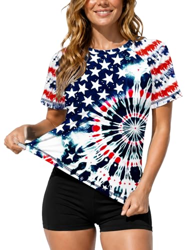 Image of AOBUTE Women Short Sleeve Rash Guard UPF 50+ Tropical Sun Protection Floral Swim Shirts