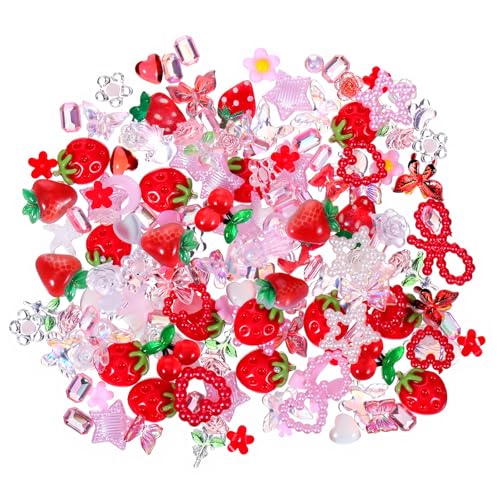 100pcs 3D Pink Red Strawberry Flower Nail Charms Cute Pearl Heart Butterfly Bow Flatback Charms Mixed Random Pattern Resin Accessories Flat Back Nail Jewelry for Women Nails Supplies