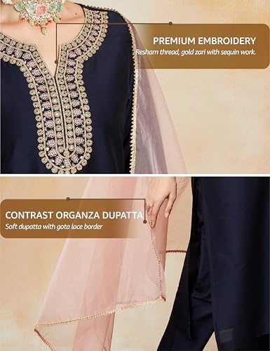 Image of Amazon Brand - Myx Women's Embroidered Kurta Set with Organza Dupatta (Available in Plus Sizes)