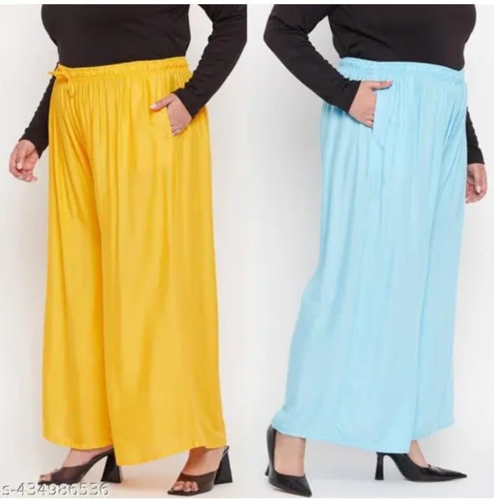 Image of Women's Jumbo Combo Palazzo | Extra Wide Leg Flared Ethnic Trousers | Pack of High Waist Relaxed Fit Palazzos for Women | Stylish Plain Solid Color Bottom Wear for Kurti & Tops | Jumbo Value Pack