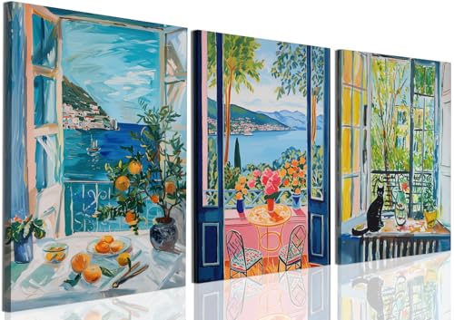 WARTHZ Matisse Blue Coastal View Wall Art Set of 3 Black Cat Flower Painting Wall Decor Vintage Open Window Landscape Canvas Poster Prints for Kitchen Living Room 12x16 inch Framed