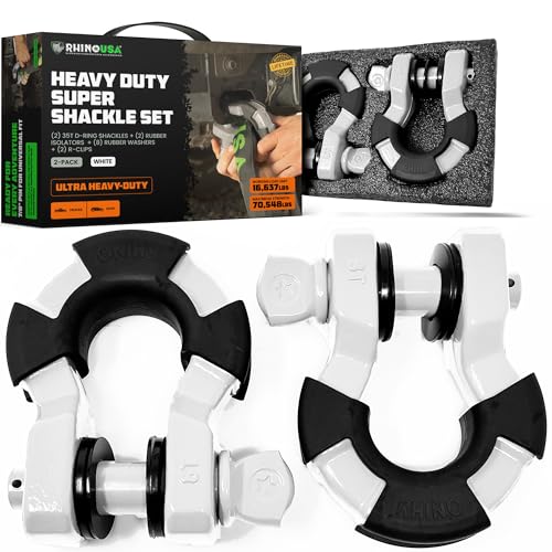 Image of Rhino USA Super D Ring Shackles (2-Pack) - 70,548lb Break Strength - Heavy Duty 3 /4 inch Clevis Shackle with 7 /8 Pin for Towing & Off-Road Use - Pairs with Tow Strap for Vehicle Recovery (White)
