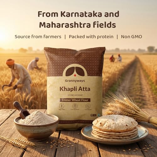 Image of Grannyways Khapli Atta | Emmer Wheat Flour 4.5 Kg With 100% Ancient Stone Ground Whole Grain Atta | Low Gluten, High Fiber | Diabetic Friendly | Traditional Khapli Whole Grain Atta for Daily Healthy Cooking Flour for Roti, Paratha & Baking