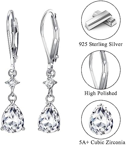 Adramata 925 Sterling Silver Earrings for Women Dangle Earrings Drop Earrings Shiny CZ Earrings Boho Teardrop Earrings Dangly Drop Earrings Hypoallergenic Earrings for Women Dangling
