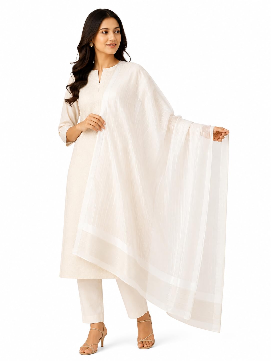 Kota Doria Dupatta for Women, White, Cotton Blend, Checked Woven, Lightweight Sheer,Ethnic Salwar Suit-image-34