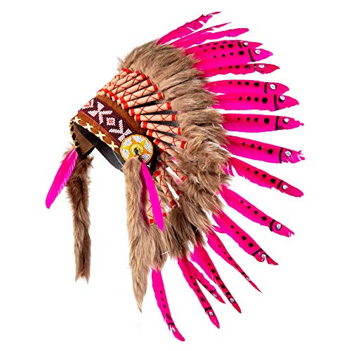Pink Pineapple Tocado Hecho a Mano Inspirado en los Nativos Americanos: Equipo de Plumas Genuino de Niños y Adultos para Festivales - Pequeña - Fucsia