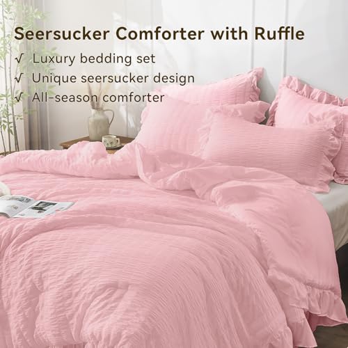 JOLLYVOGUE Pink Seersucker Queen Comforter Set, 3 Pieces Bed in a Bag Comforter Set, Lightweight & Fluffy Bedding Sets Queen for All Season with 1 Ruffle Comforter and 2 Ruffle Pillowshams