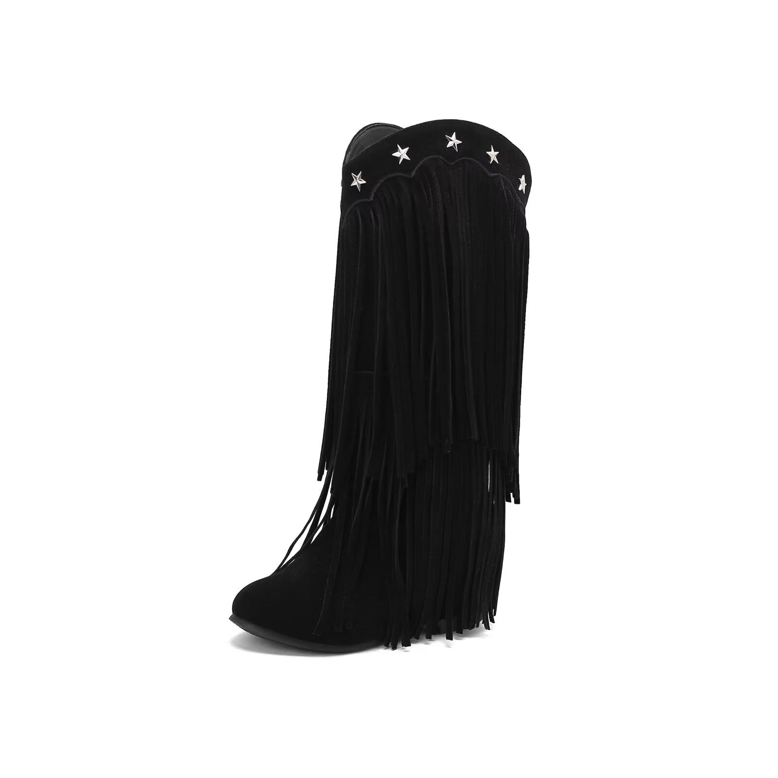 gongxifacai Womens Fringe Western Boots Fashion Hidden Wedge Heel Knee-high Tassel Boots