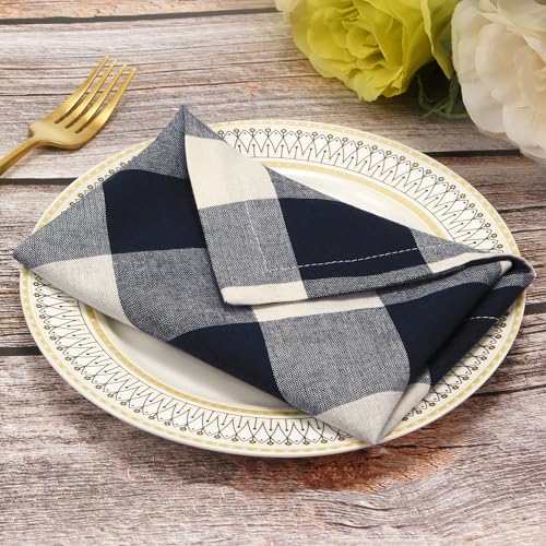 Image of Buffalo Plaid Table Napkins (Set of 12), 20 x 20 Inch Washable Dinner Napkins, Buffalo Checks Cloth Napkins for Restaurant, Wedding, Holiday, Farmhouse, Dark Navy and Cream