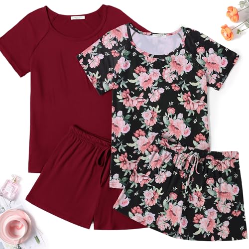 Image of Ekouaer 2 Pack Womens Pajama Sets Short Sleeve Sleepwear Soft Crew Neck Pj Shorts Set Printed Loungewear Set S-XXL