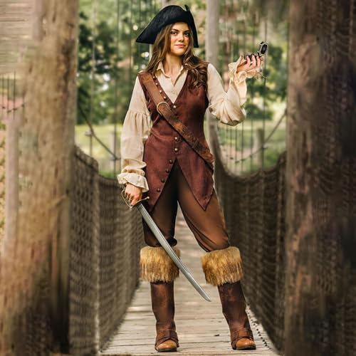 Image of L'VOW 2pc Viking Fur Boot Cuffs Brown Fur Leg Warmers Medieval Furry Boots Covers for Women Men Halloween