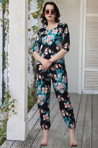 Image of POPWINGS Casual Printed Top and Joggers Set for Women || Stylish Summer Co-Ords Set for Women || Round-Neck Top and Joggers Combo Set for Women