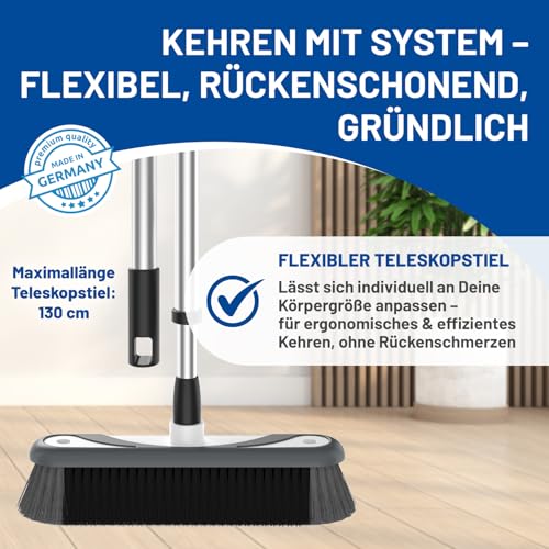 Rival Besen mit umlaufender Gummierung & Teleskopstiel stahlgrau – Besen & Stiel mit Besatz aus Rosshaarmischung – ergonomisch geformter Teleskopbesen – Kehrbesen für Drinnen & Draußen