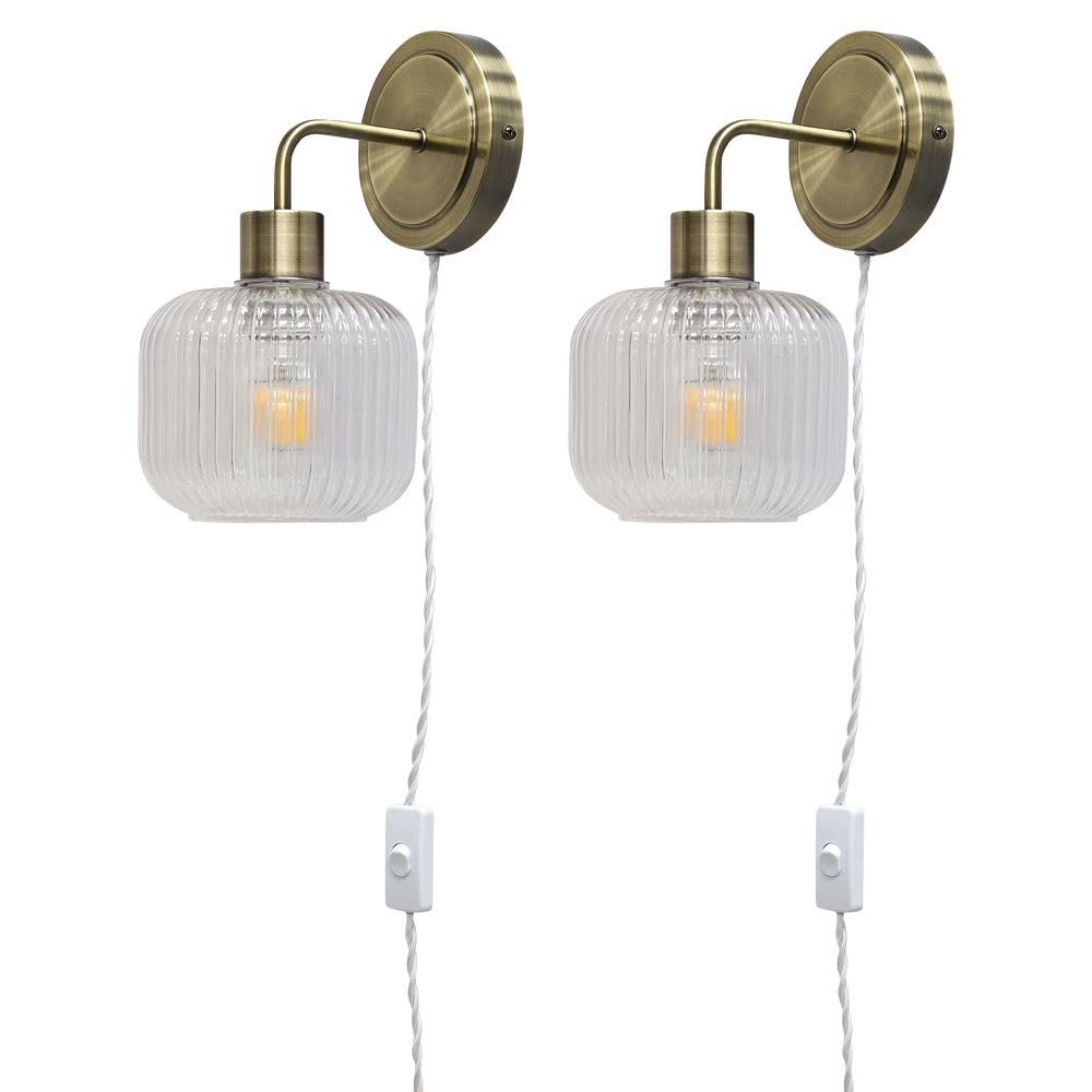 firstchoicelighting Set of 2 Antique Brass Plug in Wall Lights or Bedside Reading Lamps with Ribbed Clear Glass Shades