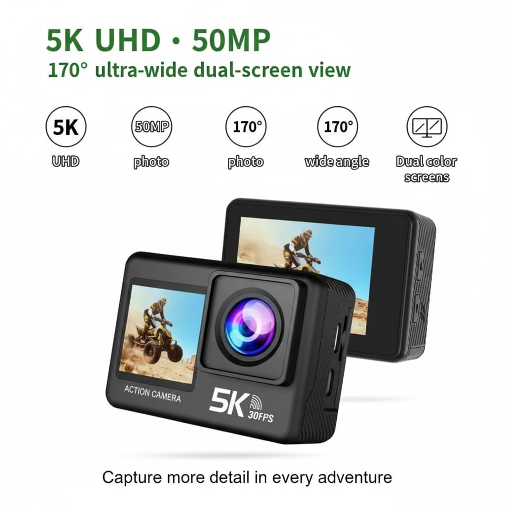5K 50MP wasserdichte Action-Kamera mit EIS, WiFi und 170° Weitwinkel – Unterwasser-Kamera für Schnorcheln, Tauchen und Vlogging, kompakt und wiederaufladbar