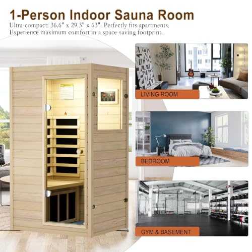 Image of LTCCDSS 1 Person Compact Infrared Sauna, 905W Low EMF Far Infrared Sauna Indoor Sauna, European Aspen Wooden Sauna for Home with Bluetooth Speakers, 36.6 inchx29.3 inchx63 inch, Right Door