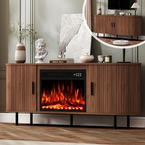 BREEZEHEAT 65'' Mid Century Modern Fluted TV Stand with 23" Fireplace, Curved Fireplace Entertainment Center for TVs Up to 75 Inches, Walnut Media Console Cabinet for Living Room 65'' Walnut