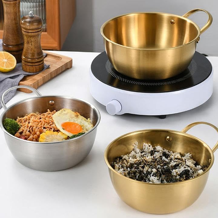 Miniatura 5 de MBBITL Ensaladera redonda dorada de 6.7 pulgadas con asa para mezclar alimentos, pasta, salsas de frutas