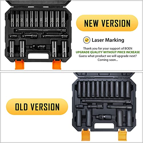 Boen 1/2" Drive Metric Deep Impact Socket Set, 20 Piece Cr-V Steel Metric Socket Set 10Mm-24Mm, Includes Extension Bars, Universal Joint And Adapter, 6 Point Design, Meets Ansi Standards #TOP1