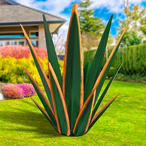 Image of KODIBO Large Tequila Rustic Sculpture, Rustic Metal Plants for Outdoor Patio Yard, Home Decor Hand Painted Agave Garden Statue, Outdoor Lawn Ornaments Yard Stakes (Dark Green - L)