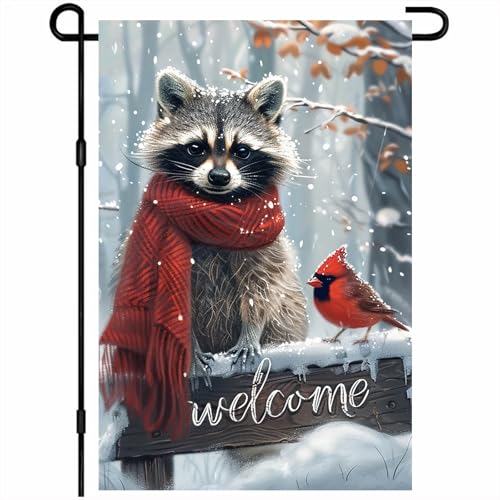 Image of BlissYard Garden Flag Raccoon Woodland Bird Winter 12x18 Inch Polyester