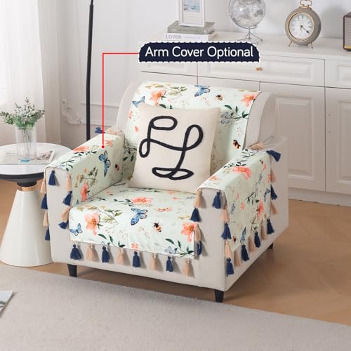 Image of HOKIPO Sofa Cover with Tassel for 1 Seater Sofa | Full Protection for Seat and Back | Printed Holland Velvet Fabric | 'Whispers of Nature' (160x60 cm), Pastel Butterfly Meadow (IN-1125-D2)