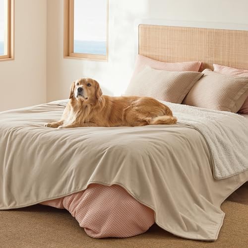 Image of Bedsure Waterproof Blanket for Bed - Sherpa Fleece Waterproof Dog Blankets for Large Dogs, Pet Blankets for Bed /Couch /Dog Crate, Soft Plush Reversible Furniture Protector, Queen Size, 90 inchx86 inch, Cream