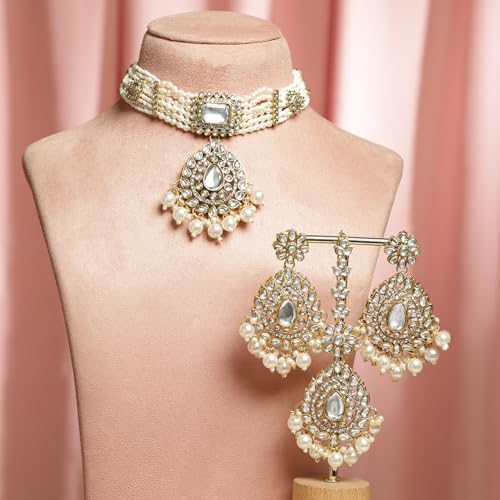 Image of Rubans Necklace Maangtikka Set Gold Plated Kundan & Pearl Jewellery Gift for Women & Girls