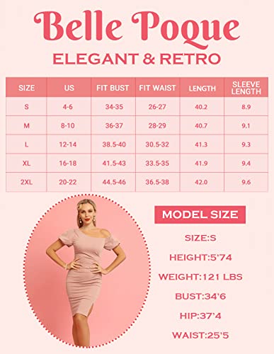 Belle Poque Short Puff Sleeve One Shoulder Ruched Bodycon Dress Vintage Elegant Wedding Guest Party Dress Black L #TOP6