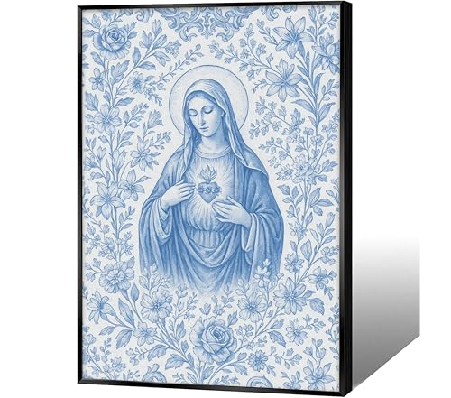 Framed Blue Virgin Mary Immaculate Heart Canvas Wall Art Christian Catholic Wall Decor Our Lady of Guadalupe Portrait Poster Prints Religious Bible Artwork for Living Room Prayer Room Church 16x24in