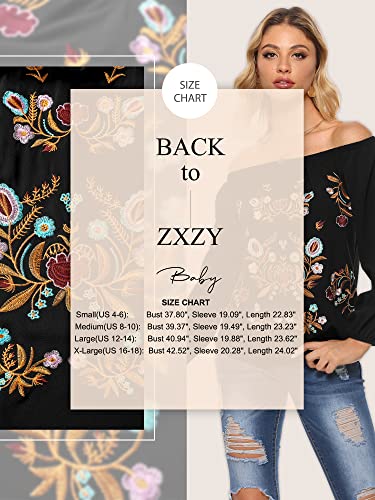 Zxzy Women Embroidered Off Shoulder Long Sleeve Bohemian Floral Blouse Top Tshirt Black #TOP3