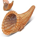 Dandat 1 Pcs Thanksgiving Cornucopia Basket 13.78 Inch Thanksgiving Horn of Plenty Fall Table Decoration Harvest Cornucopia for Autumn Table Centerpieces Fall Party Decorations (Imitation Vine)