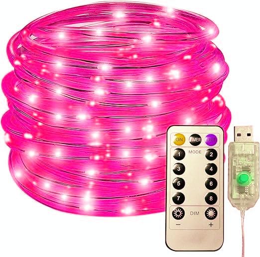 SHANJIA Rope String Lights, 22M/72ft 200LED Waterproof 8 Mode/Remote USB Tube Lights Christmas Lights,String Lights Outdoor Indoor for Christmas Decorations (Pink)